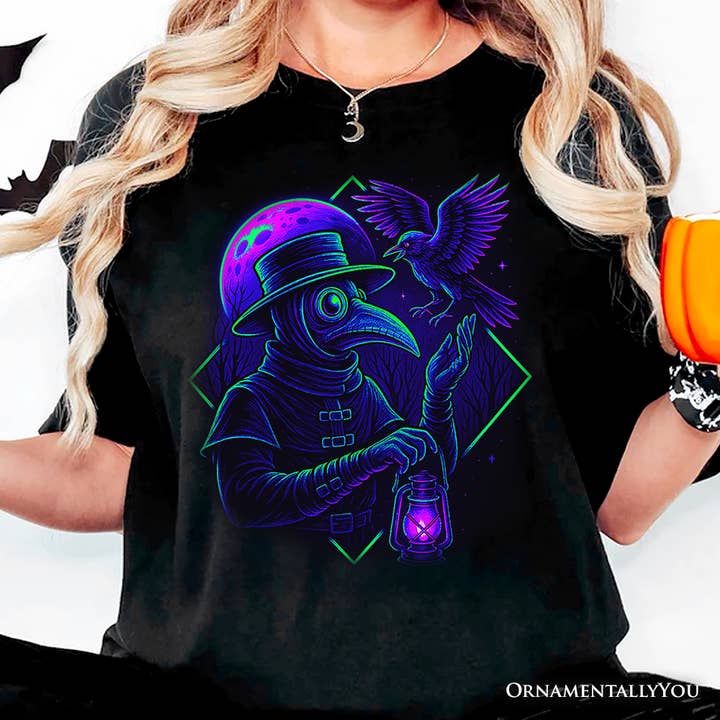 Black Vaporwave Plague Doctor T-Shirt, Neon Horror Vibes Halloween for wholesale on Faire4