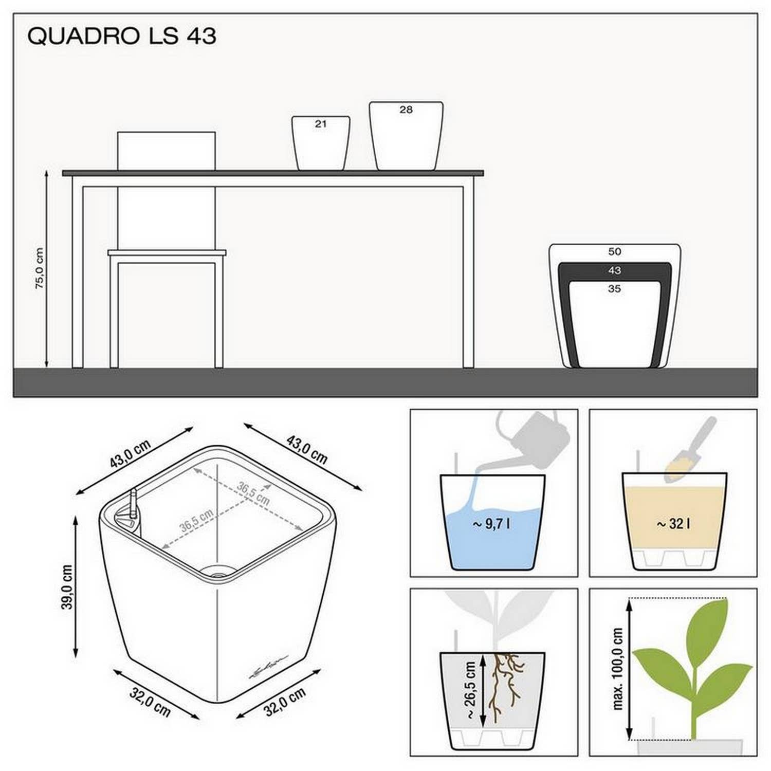 Lechuza Self Watering Planters - Vendita all'ingrosso Vasi per piante - Fioriera quadrata LECHUZA QUADRO LS Poly Resin29