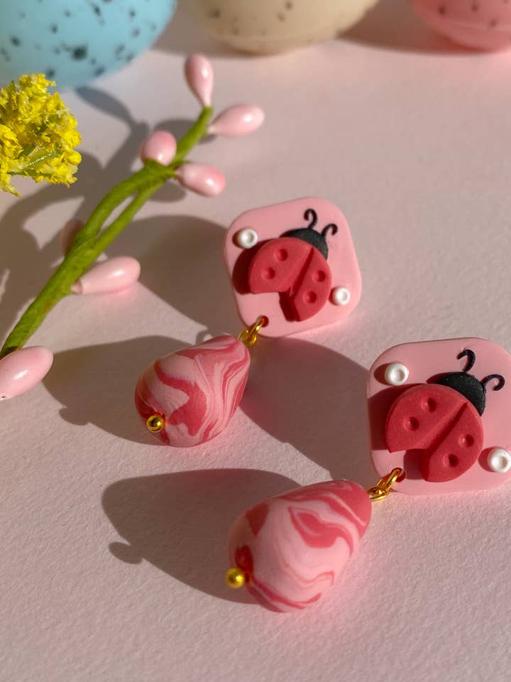 Ladybug Earrings, Spring Clay Earrings, Clay Bug Earrings for wholesale by Peaches Phase
