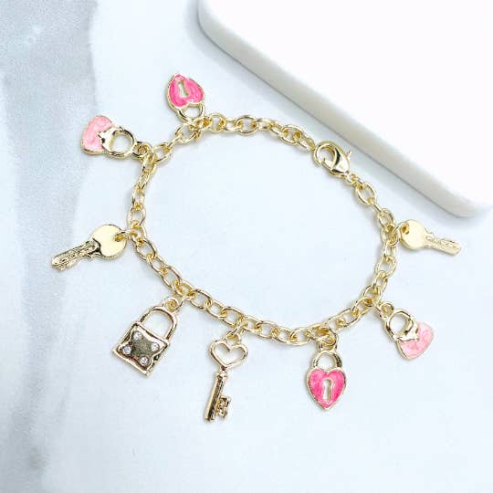 18k Gold Filled Pink Charms Oval Link Bracelet for wholesale by Luxus Accessories