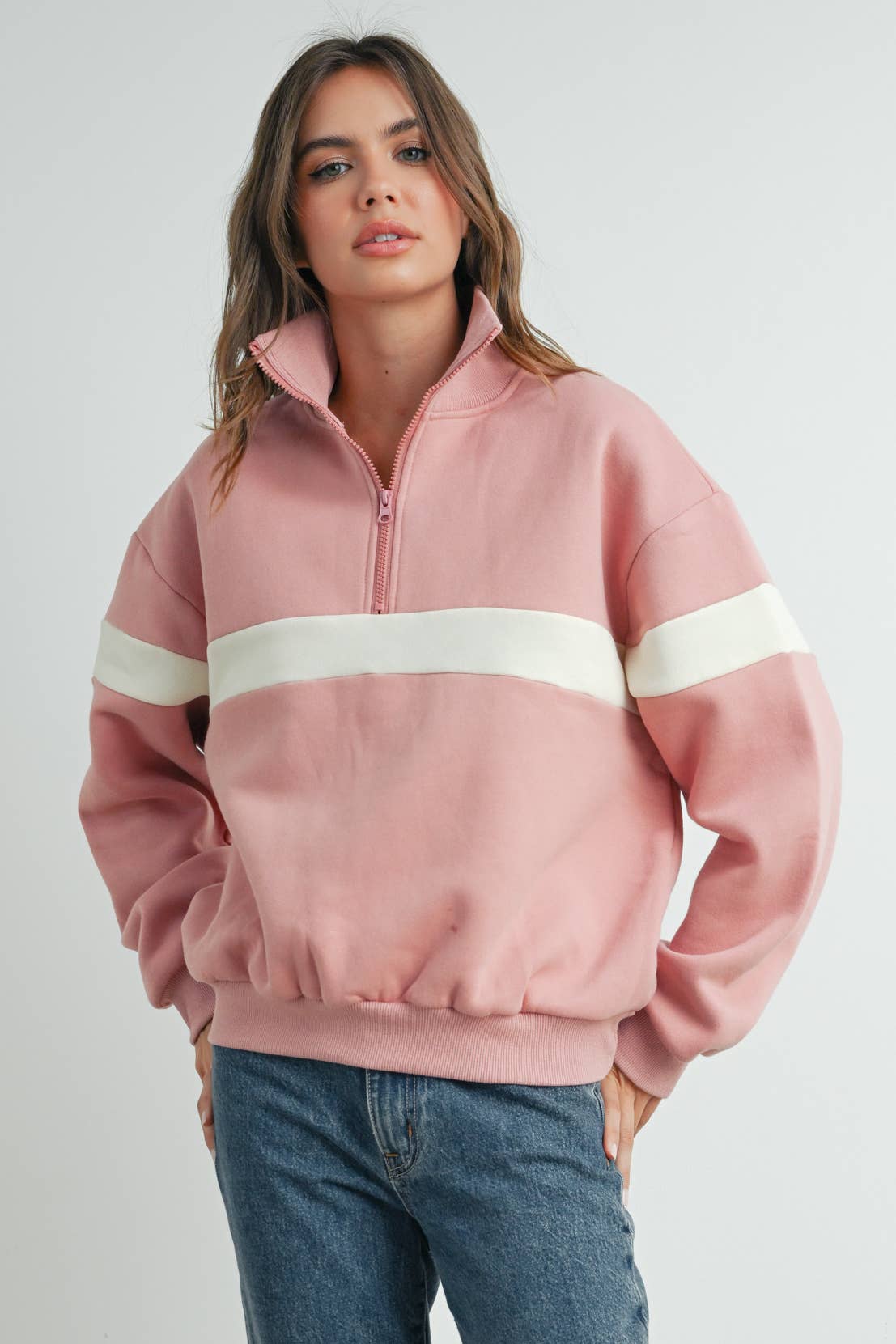BUTTERMELON - Wholesale Sweatshirt - Women's - Two-Toned Half Zip Collar Sweatshirt - BMT753528