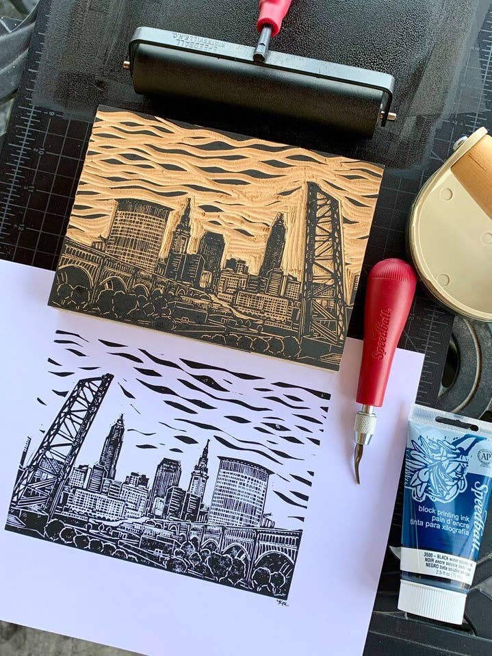 Cleveland Skyline Linoleum Print for wholesale by KatieMcKDesigns