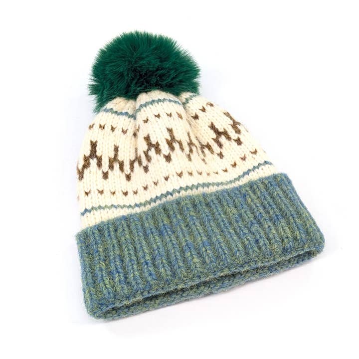 Black Ginger - Wholesale Beanie - Women's - Fair Isle Pattern PomPom Hat - Green3
