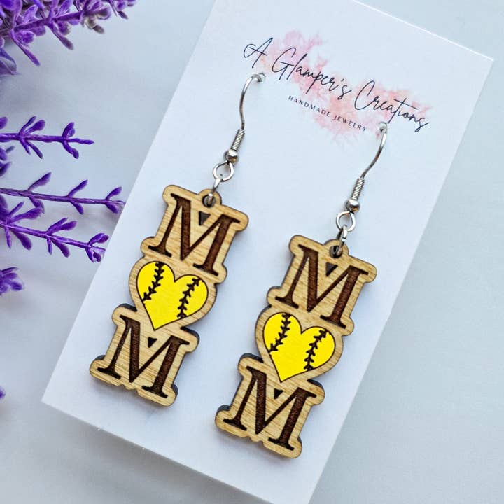 Softball Mom Heart Wooden Earrings for wholesale by A Glamper's Creations LLC