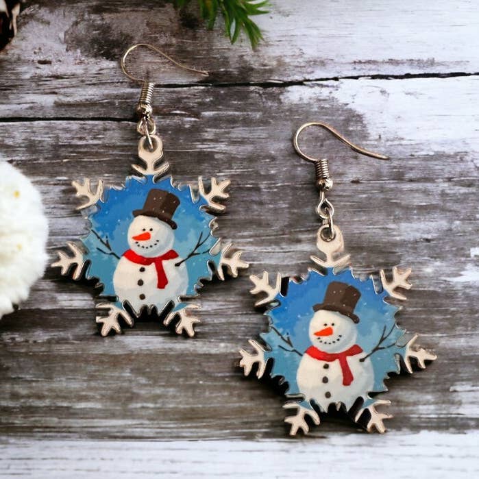 Snowflake Snowman Earrings, Christmas Earrings, Snowflakes for wholesale by Shades Jewelry & Gifts
