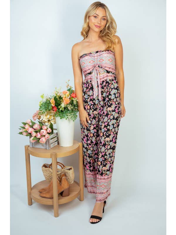 Black JP50131 Sleeveless Floral Print Woven Jumpsuit for wholesale on Faire