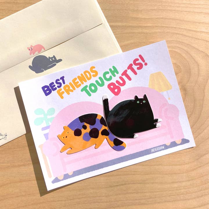 Cat Best Friends Touch Butts! | Flat A7 Card with Stickers for wholesale by I NEVER DRAW
