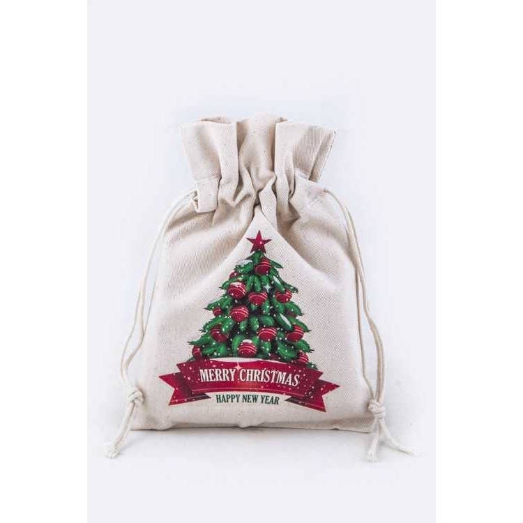 Ivory XMAS TREE PRINT CANVAS GIFT POUCH for wholesale on Faire0