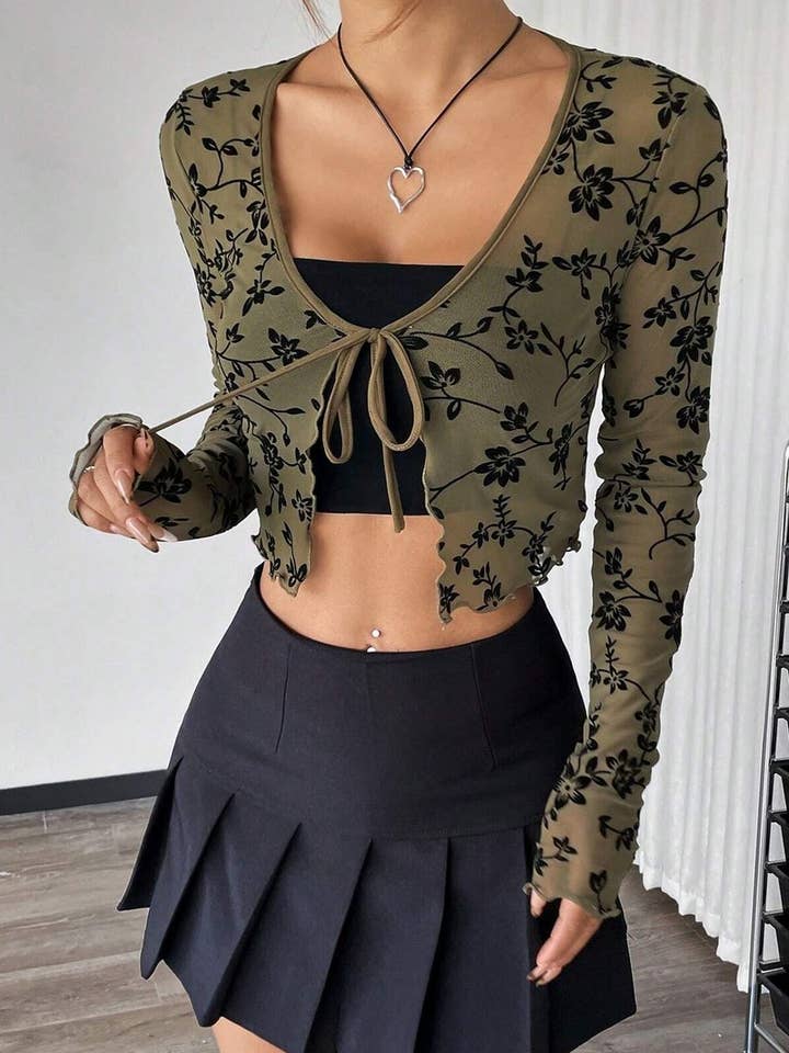 NINEXIS - Wholesale Blouse - Women's - CWTBLL3561_SHEER MESH FLOCKED LACE-UP LONG SLEEVE TOP8