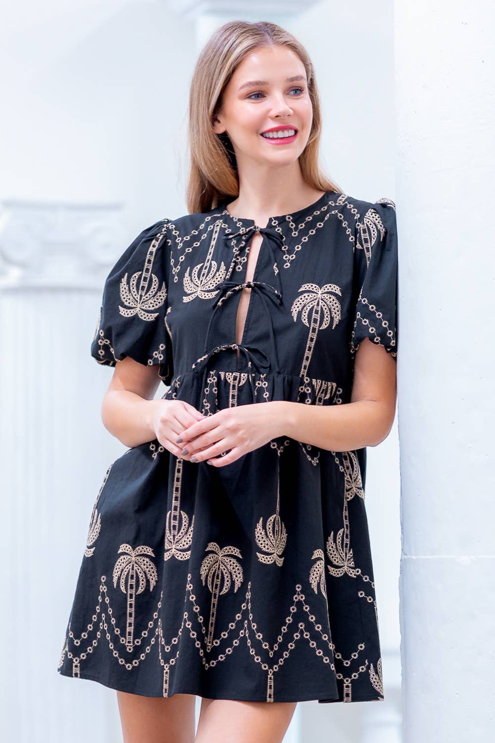 MULTI NOIR PD20375T-ROBE COURTE À MANCHES COURTES AVEC BRODERIE ET NŒUD DEVANT en vente sur Faire0