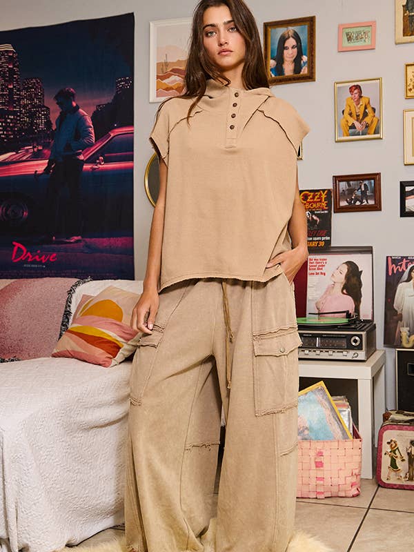 Light brown IP5495 Mineral Washed Wide Leg Cargo Pants for wholesale on Faire