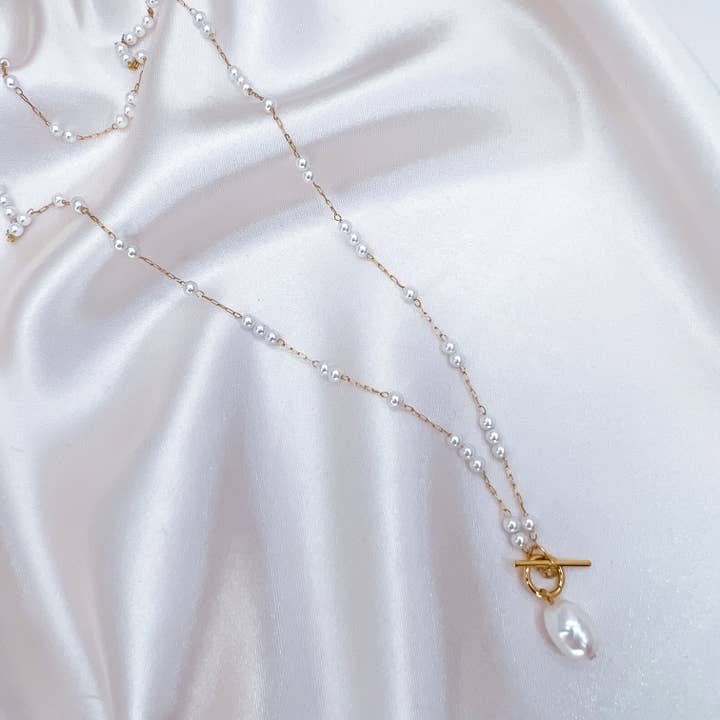 'Isla' Fresh Water Pearl Charm & T Bar Necklace for wholesale by Luluh Lane