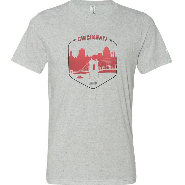 Cincinnati Skyline Shield T-shirt - Red & Grey for wholesale by D&W Elements