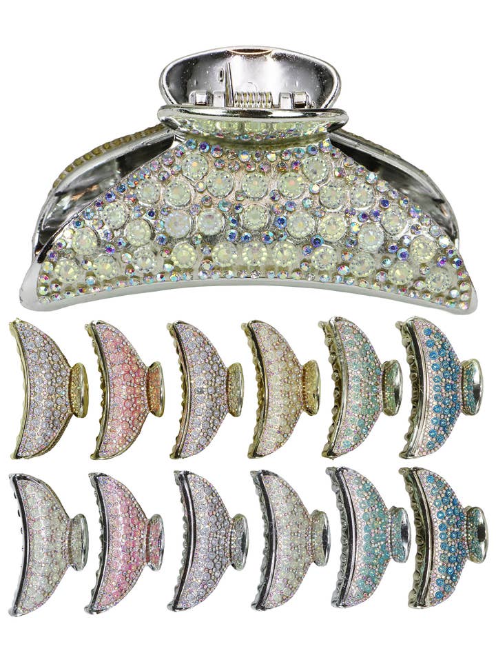 Pinza para el cabello en forma de concha de almeja media luna con brillo de cristal - 12 uds para venta al por mayor de Cap Zone