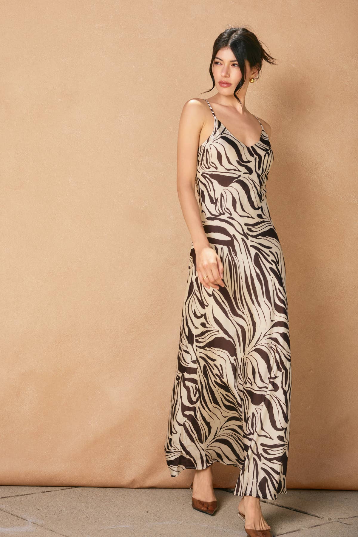 BROWN ECRU Drifted Earth Back Button Bias Cut Maxi Dress for wholesale on Faire10