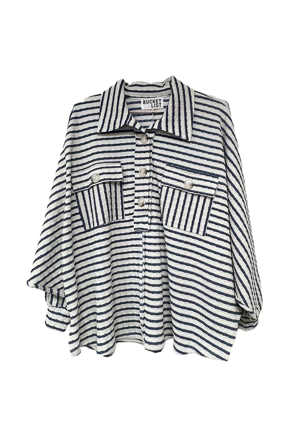 BUCKETLIST INC – wholesale Sweatshirt – Women's – T1578-5  Collared Oversized Button Up Stripe Pullover Top4