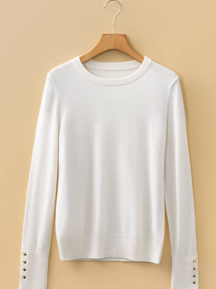 White LALALOO Solid Buttoned Cuffs Round Neck Sweater for wholesale on Faire1