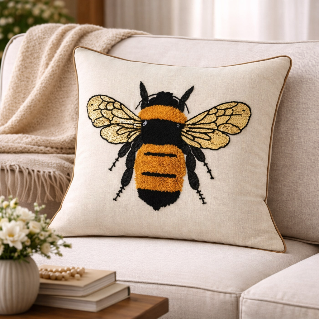 Fennco Styles – wholesale Throw/decorative pillow – Embroidered Bumble Bee Cotton 18" Throw Pillow2