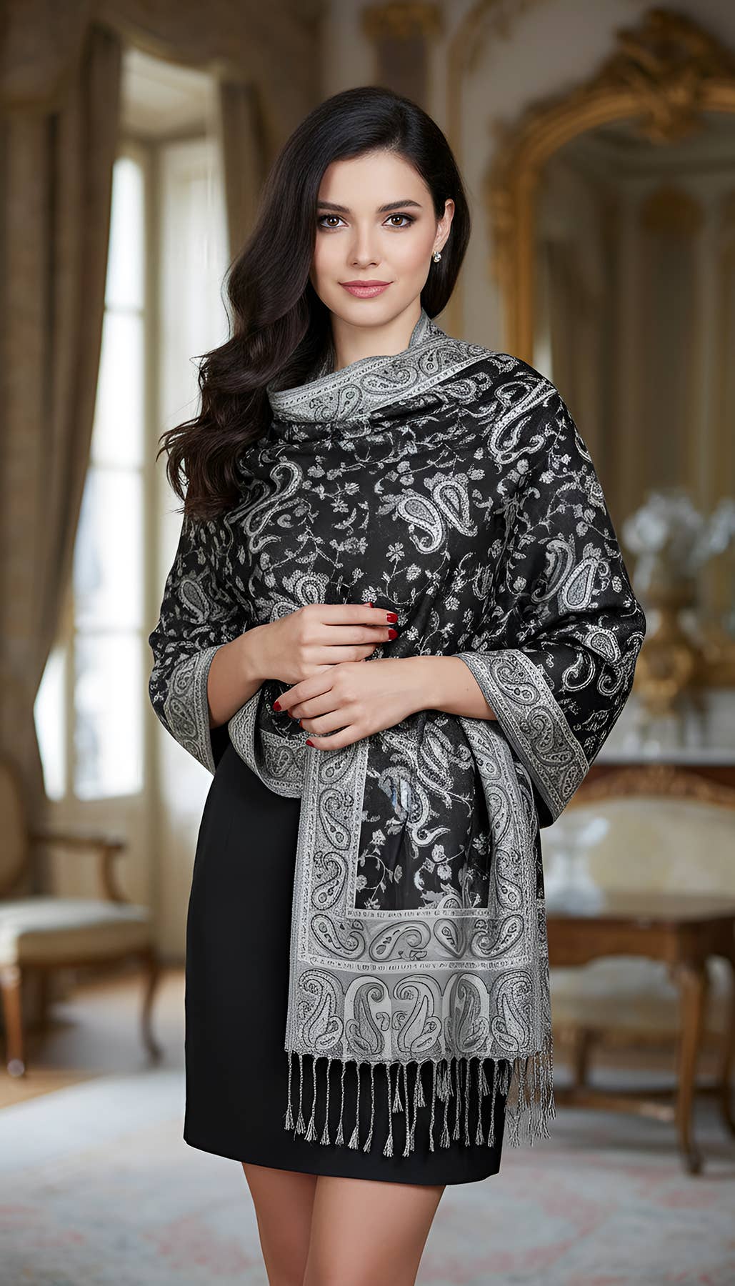 SERENITA - Wholesale Scarf - Women's - Jacquard Line Paisley Pashmina Scarf Reversible Shawl Wrap5