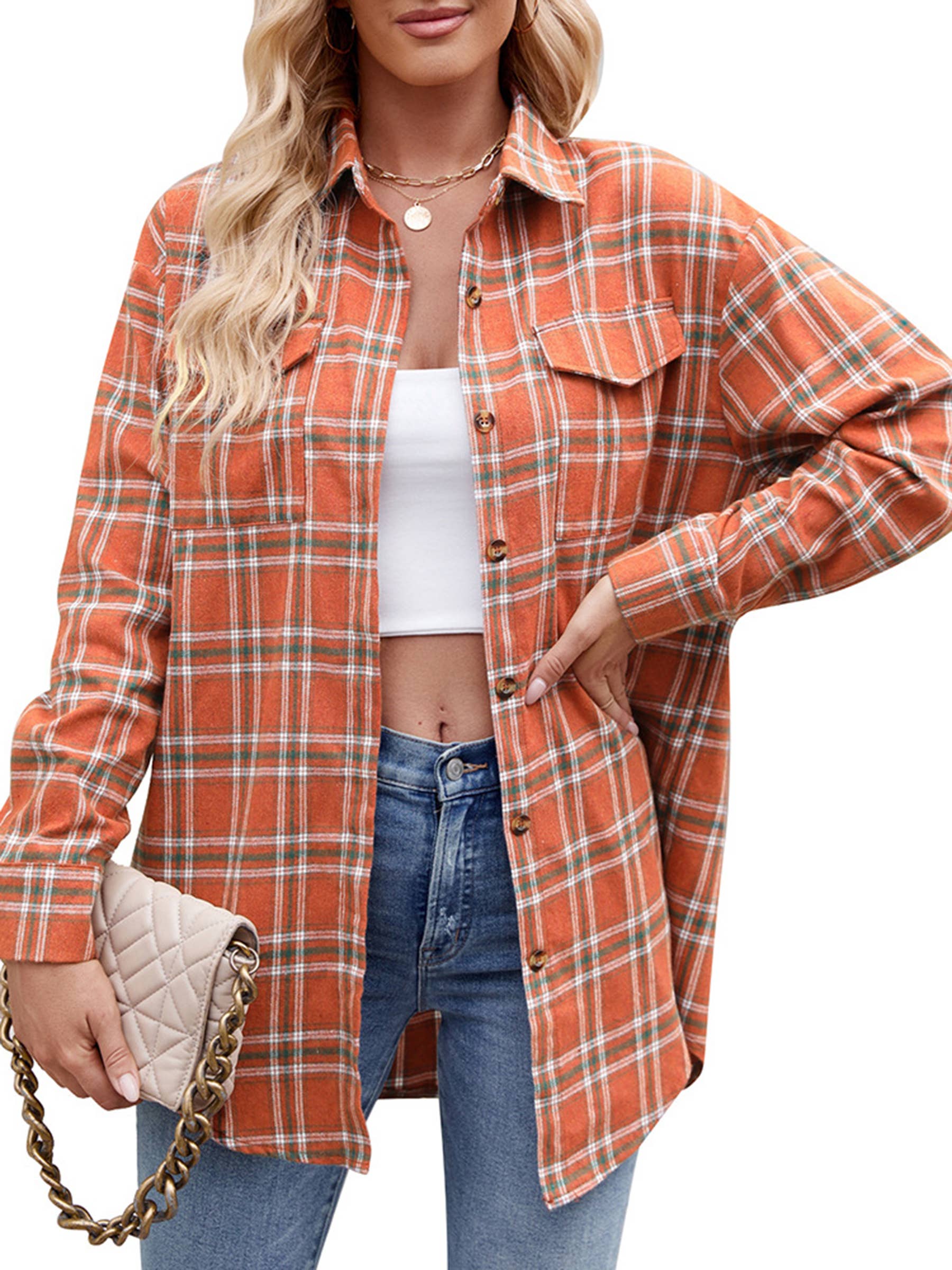 Wholesalesir - Wholesale Button Down Shirt - Women's - Fashionable Casual Loose Plaid Pocket Shirt3