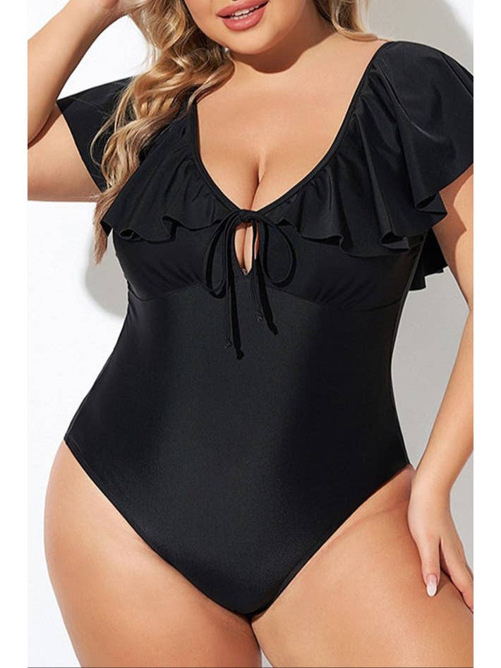Black Plus Size Ruffle Sleeve One Piece Swimsuit for wholesale on Faire