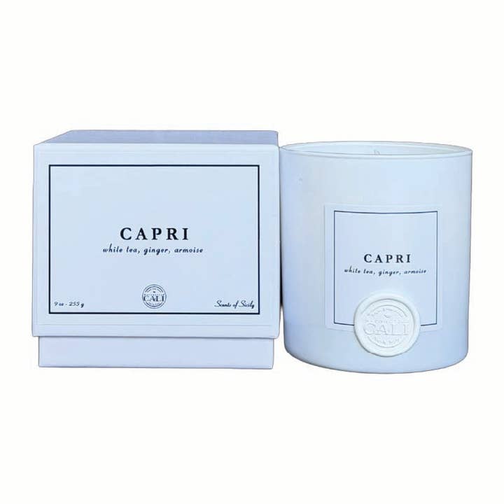 Capri - Candela da 9 oz (tè bianco, zenzero, artemisia) per la vendita all'ingrosso da parte di Scents of Sicily