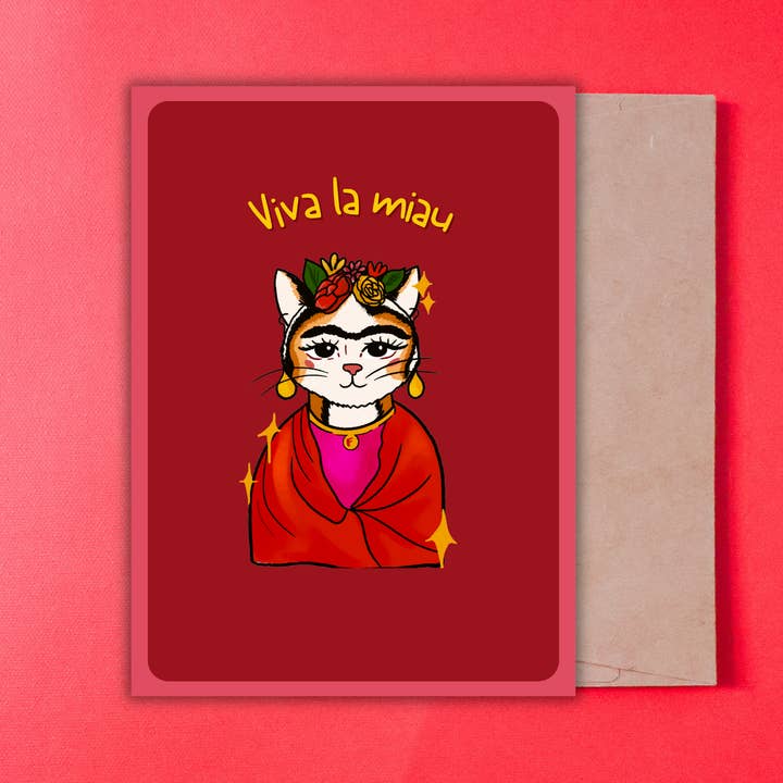 Viva la miau, carte Frida Kathlo en espagnol avec enveloppe pour la vente par Gaec Studio