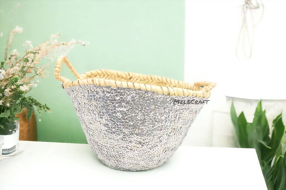 Melecraft - Venta al por mayor Bolsa de playa - French Market Tote | Bolsa tipo cesta de paja con lentejuelas brillantes0