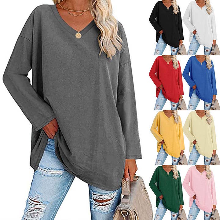 pinkblu02 - Wholesale Tunic - Women's - Women Casual Solid Color V-Neck Long Sleeve Blank T-Shirt