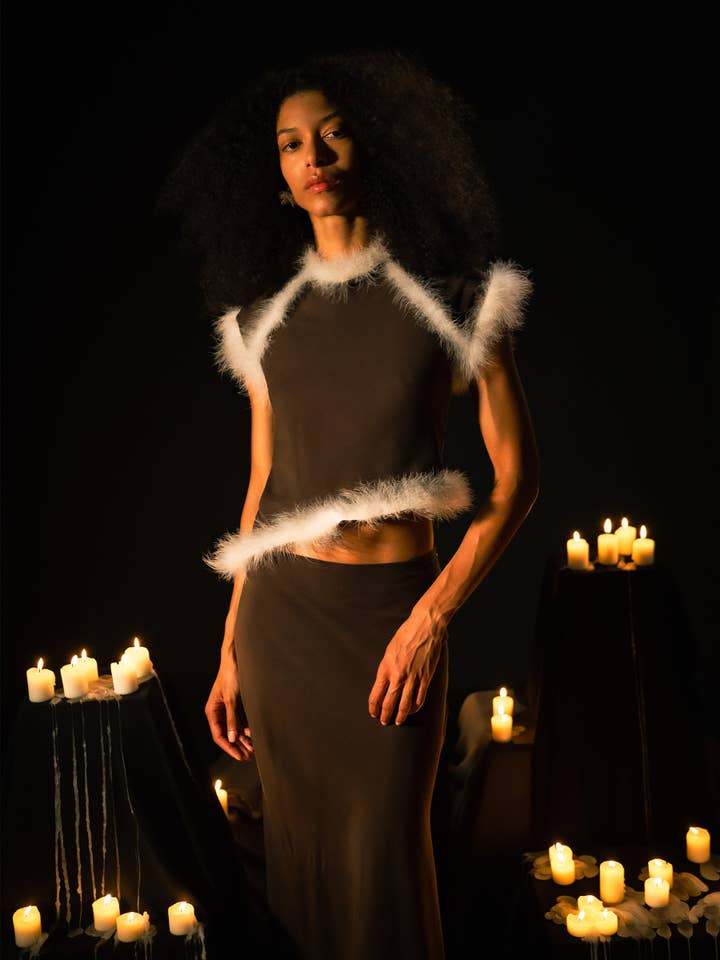 CARMEN SAYS – wholesale Blouse – Women’s – Top de plumas marrón balanceado1