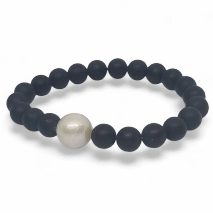 Matt Onyx and Freshwater Pearl Elastic Bracelet for wholesale by PearlGem Designs