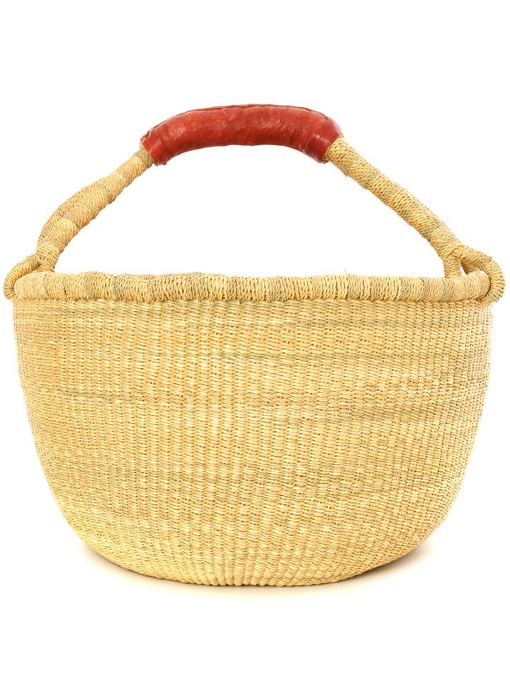 Basic Bolga Farmer's Market Shopper Basket with Brown Leather Handles for wholesale by African Modern