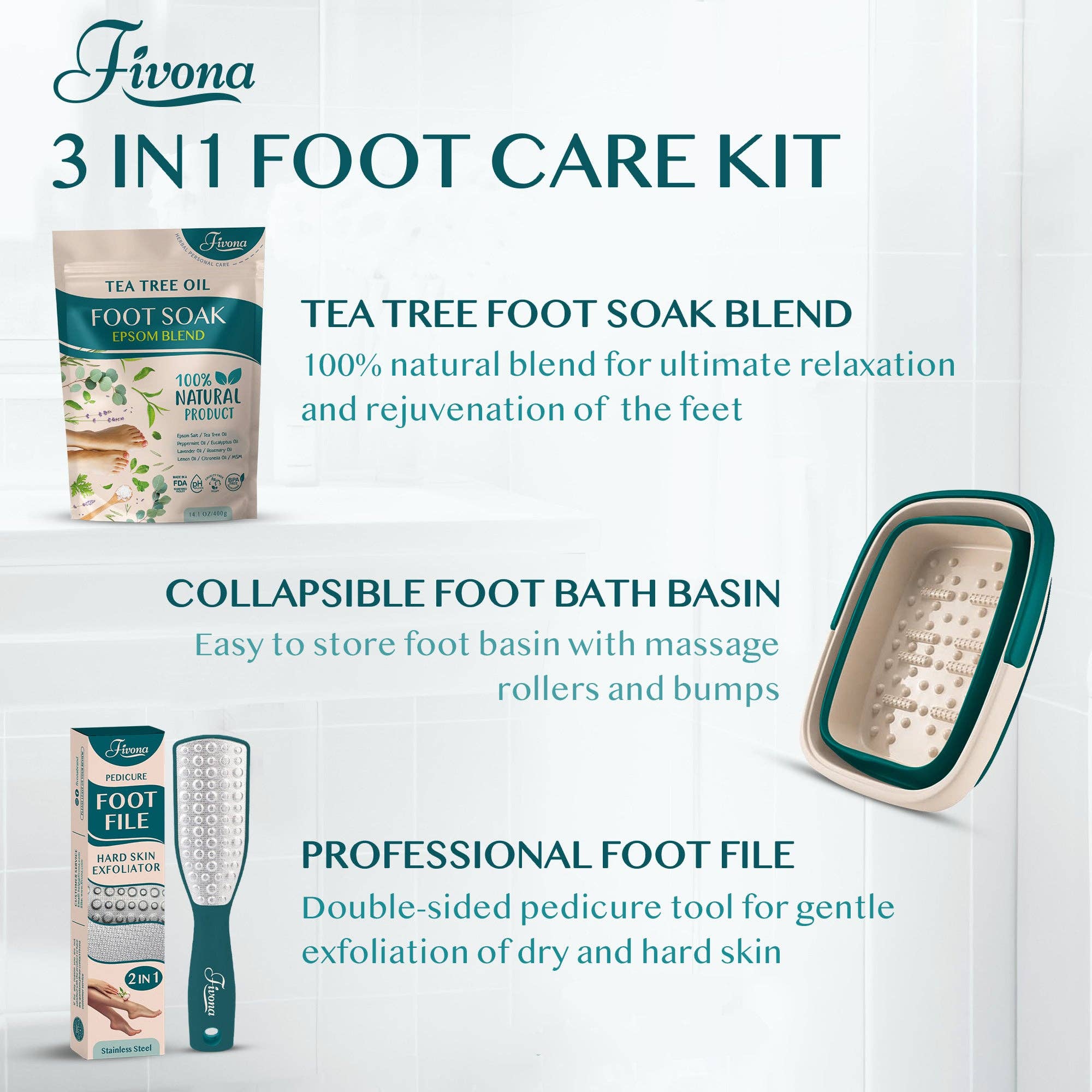 FIVONA - Wholesale Foot Scrub/Polish - Epsom Salt Foot Soak Care Kit 3 in 1 Natural SPA Set1