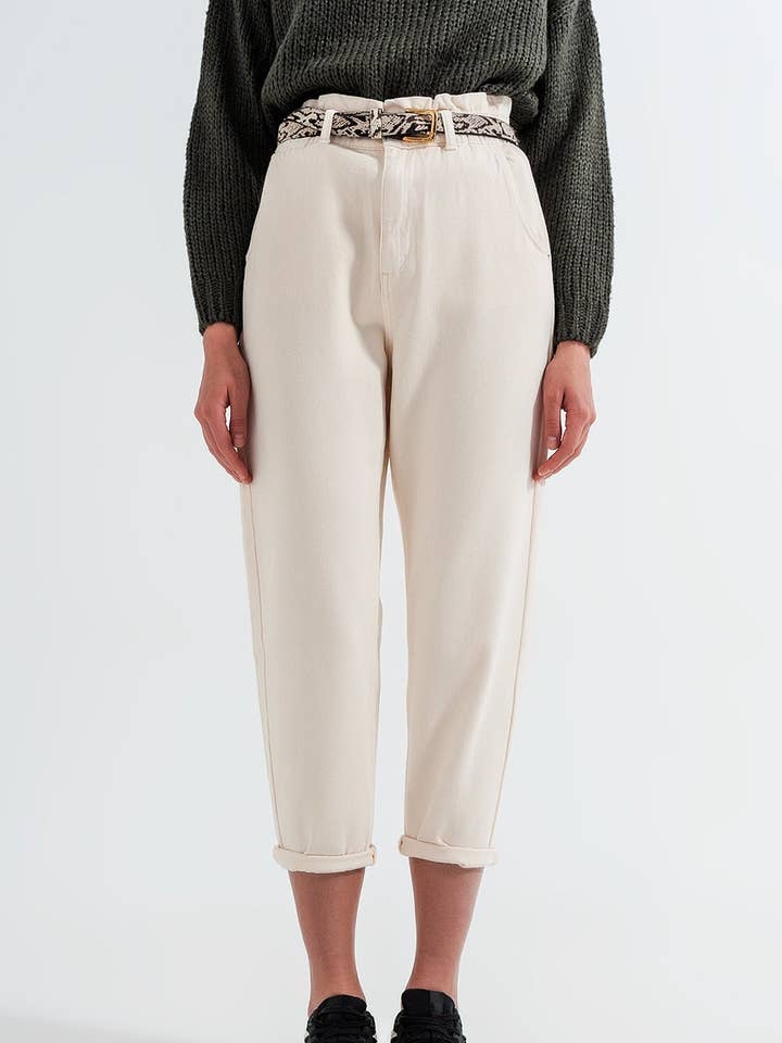 Jeans a gamba dritta in vita paperbag color crema per la vendita all'ingrosso da parte di Q2—All Orders:Free Duties for the US,UK,and Canada