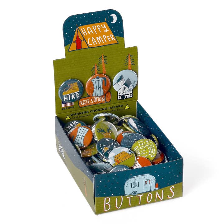 Caja de botones "Happy Camper" de 1,25 pulgadas para venta al por mayor de Badge Bomb