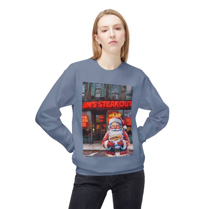 Buffalovely - Wholesale Graphic Sweatshirt - Unisex - Santa with a Hoagie at Jim's Steakout Unisex Cozy Crewneck Sweatshirt29