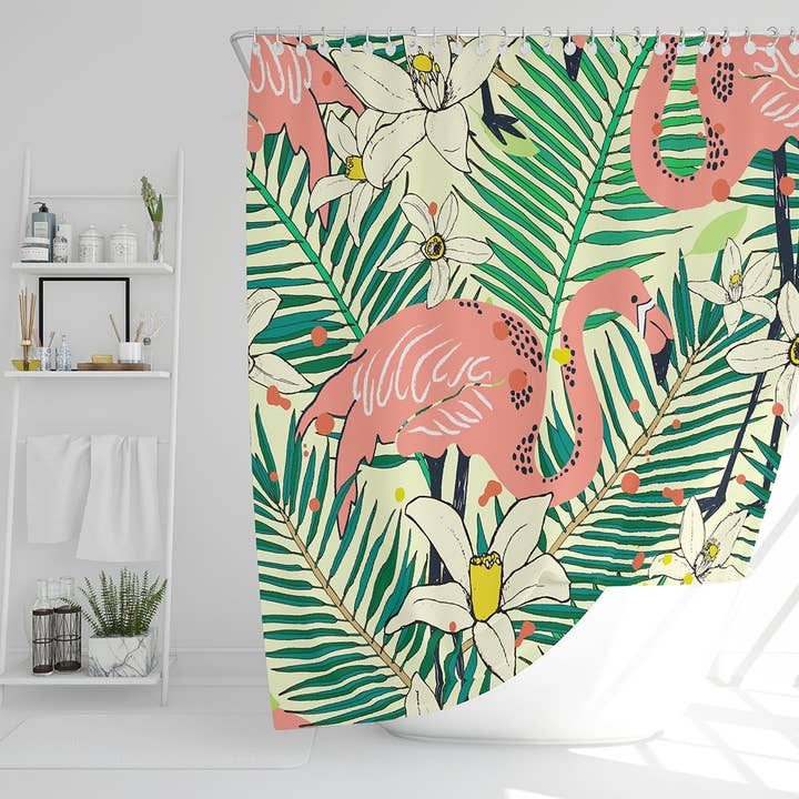 Benjamin Tate Design – wholesale Duschdraperi – Abstrakta flamingos med palmblad (duschdraperi)