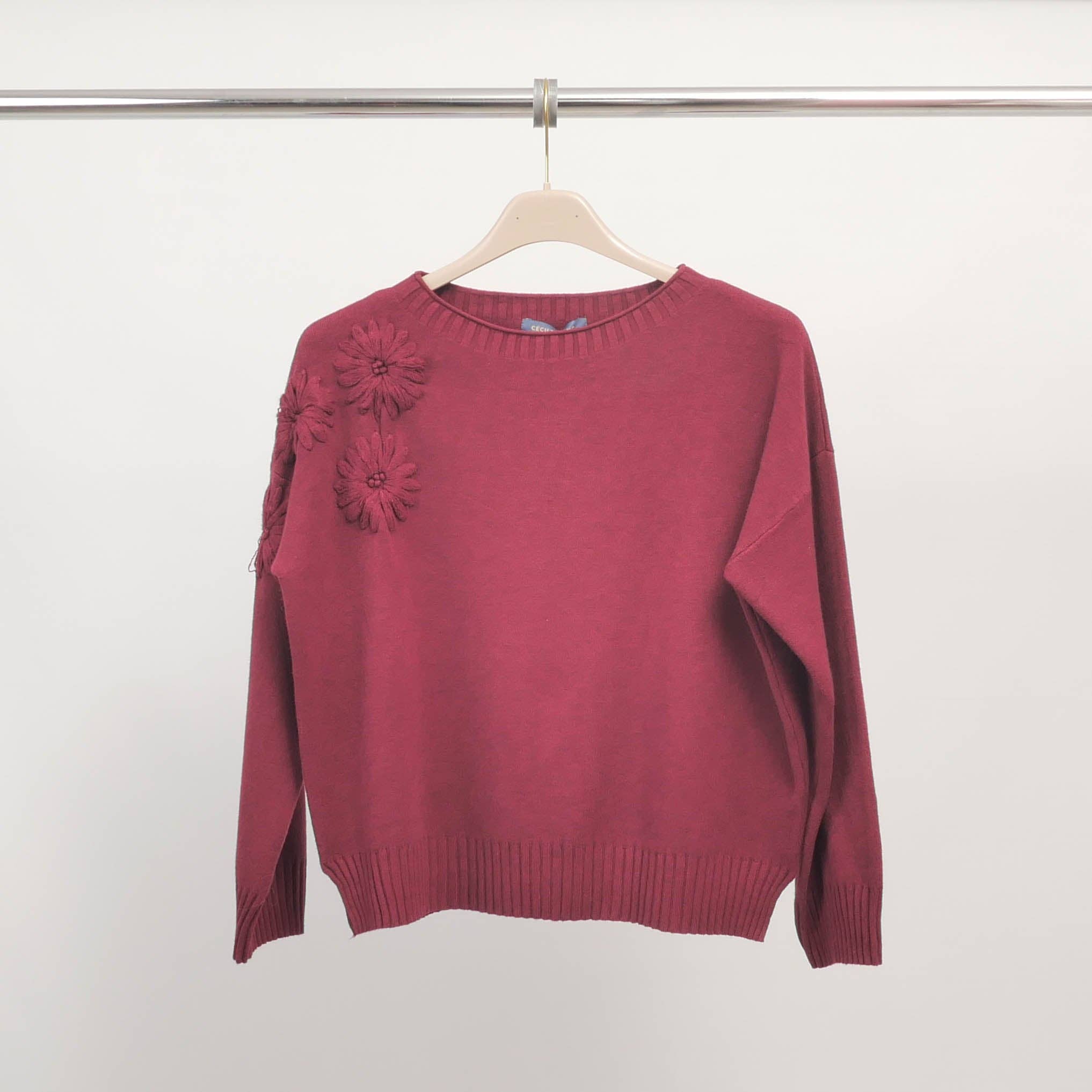 Cecile Wang - Wholesale Knit Sweater - Women's - Relief flower pullover on shoulder in soft knit – DSY94522
