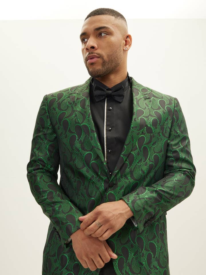Men's Peak Lapel Paisley Jacquard Tuxedo Jacket - Green for wholesale by Ron Tomson
