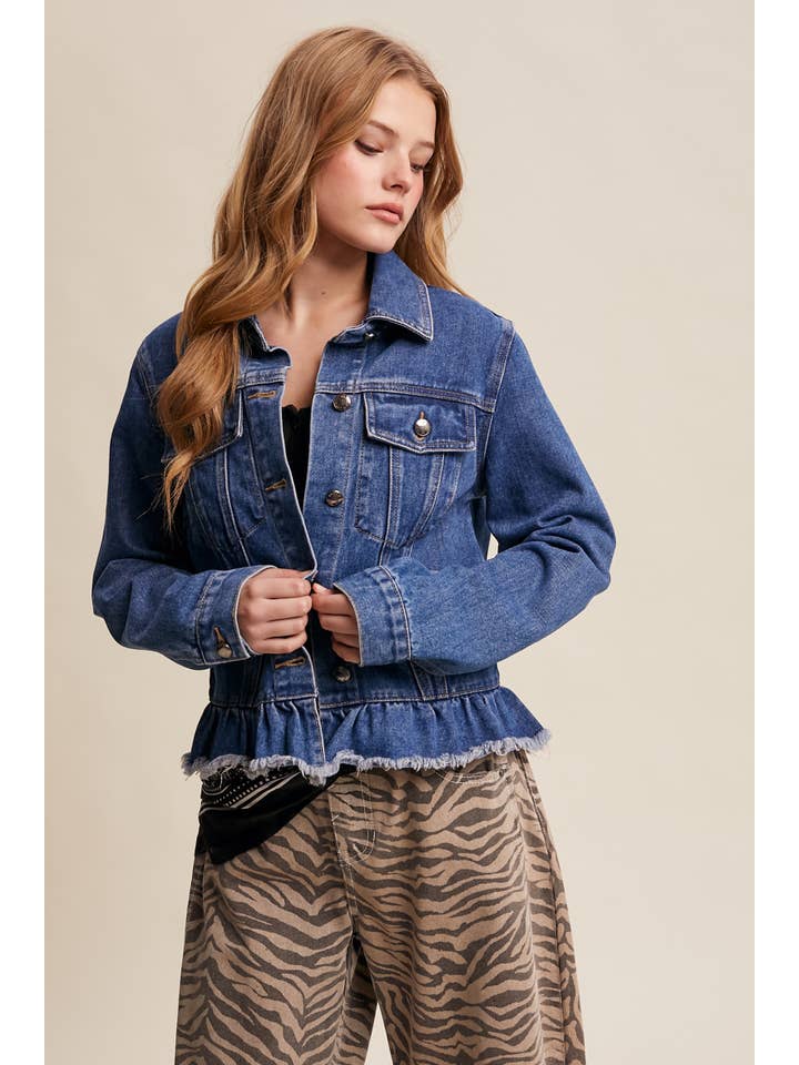 Listicle - Wholesale Denim Jacket - Women's - Ruffled Hem Denim Jacket LJ023621