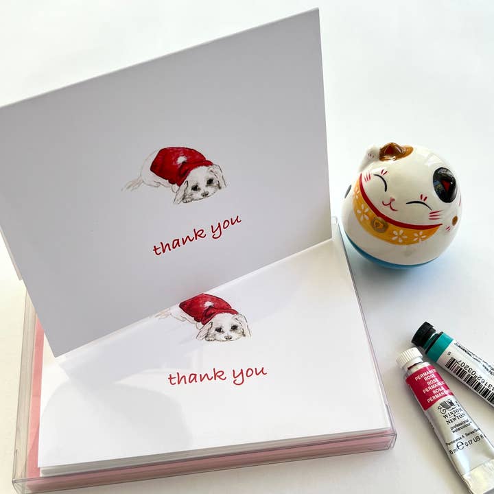 Flower Bird Art Studio - Wholesale Thank You Card - Boxed thank you notes of 8 - puppy with red sweater1