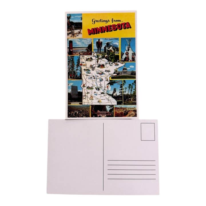 Greetings from MN (Retro State Shape) 4x6" Postcard for wholesale by StuckOnU Art