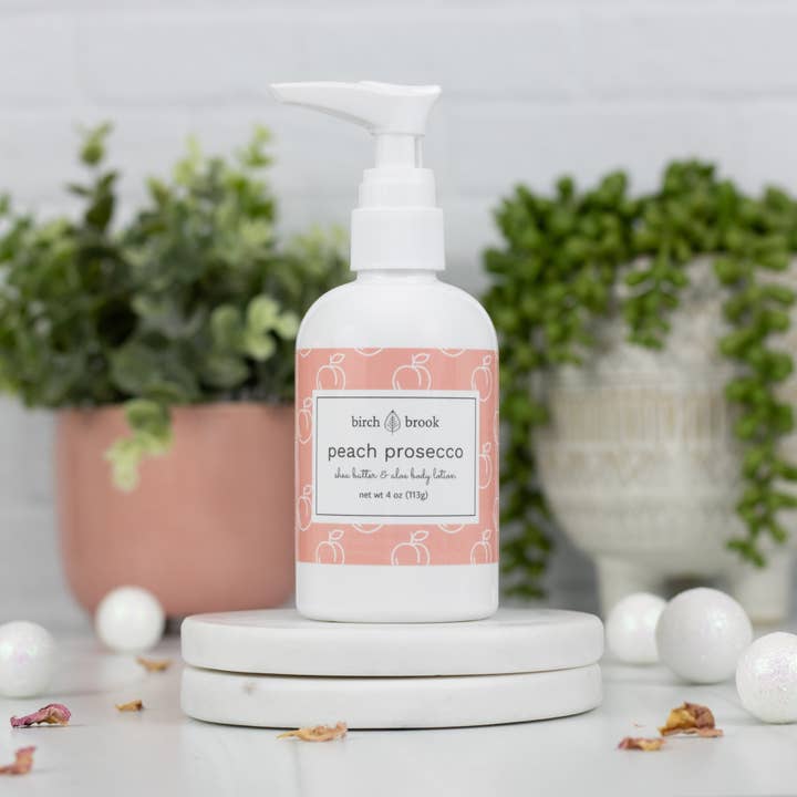 Peach Prosecco Hand and Body Lotion 4 oz for wholesale by Birch Brook Soaps