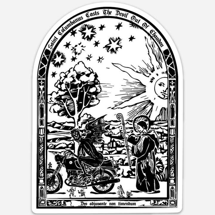St. Columbanus Patron Saint of Motorcyclists Vinyl Sticker for wholesale by Bellavance Ink