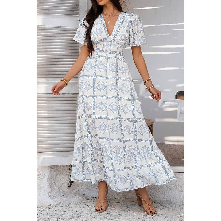 Elings - Wholesale Dress - Women's - Allover Print Deep V Elastic Waist Band Maxi Dress1
