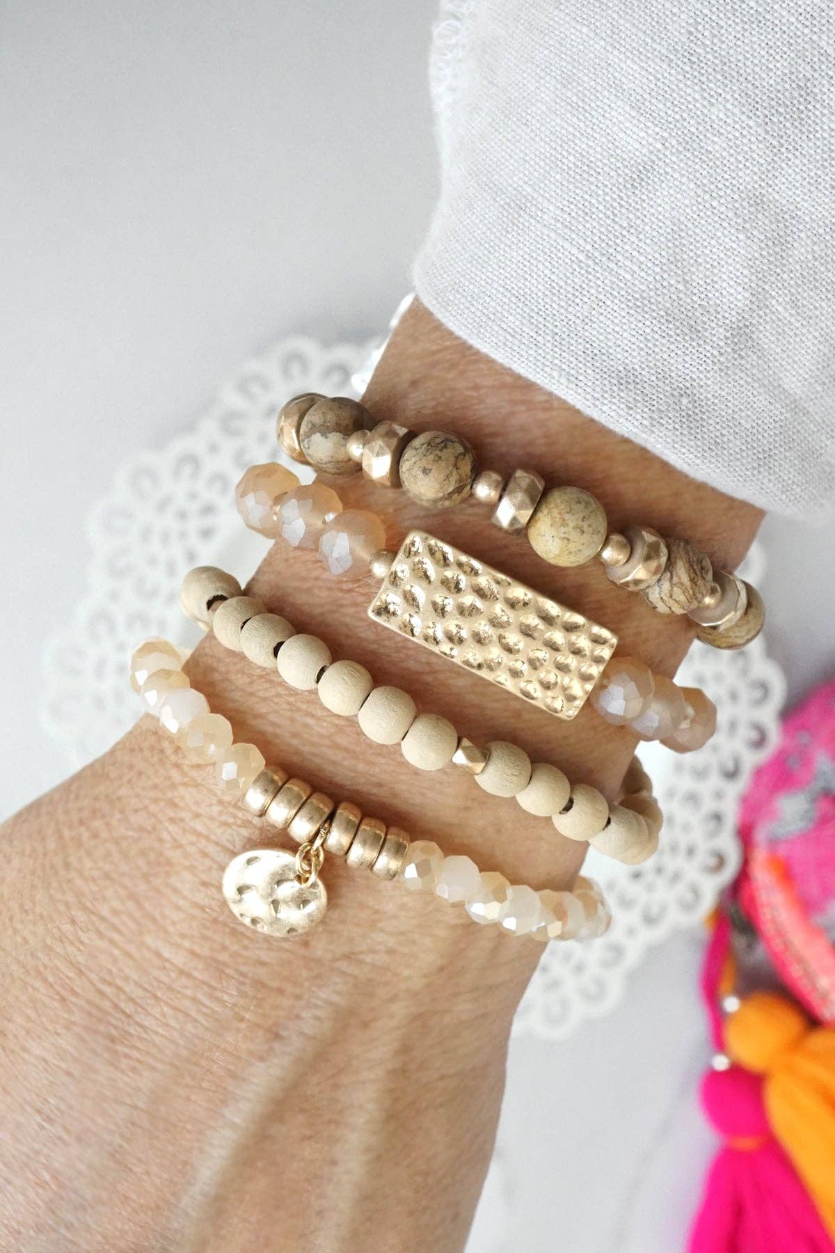 PennyLine inc - Wholesale Beaded Bracelet - Beaded Bracelets stack of 4 piece with Natural Wood and Semi Precious bead stones glass golden coin1