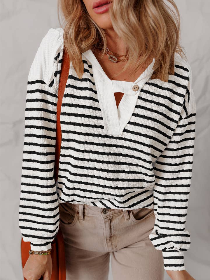 Stripe Textured Hooded V Neck Casual Long Sleeve Top for wholesale by FULL TIME PURCHASE
