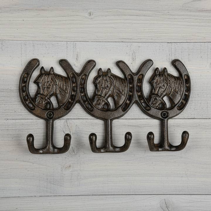 Equestrian Cast Iron Horse Head 3 Hook - Rustic Western Wall Rack for wholesale by Iron & Blossom