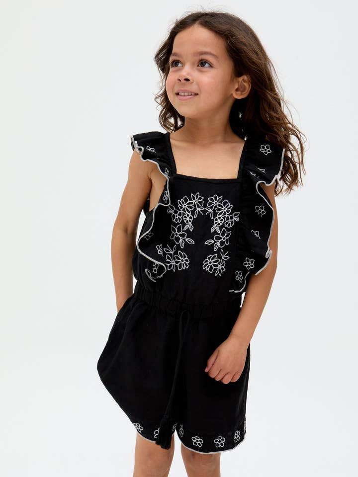 Raffya - Wholesale Jumpsuit - Kids - Kids Philo Ruffle Neck Embroidered Playsuit In Black