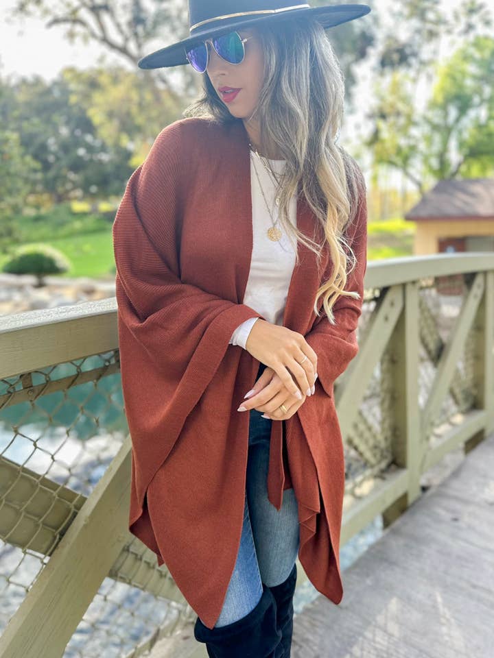Rust Solid Knit Ruana Shawl with Shoulder Strap for wholesale on Faire6